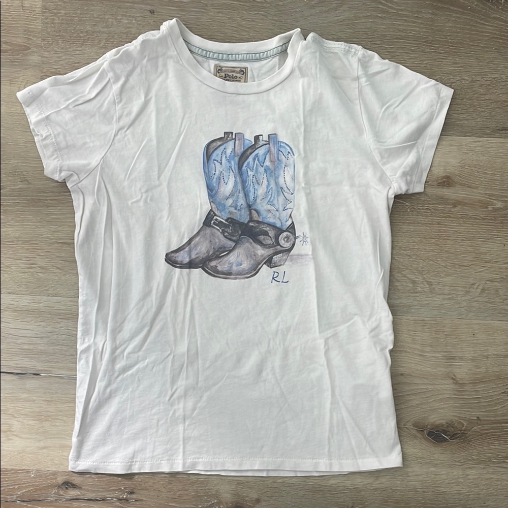 Ralph Lauren White Tee with Blue Cowboy Boots Design
